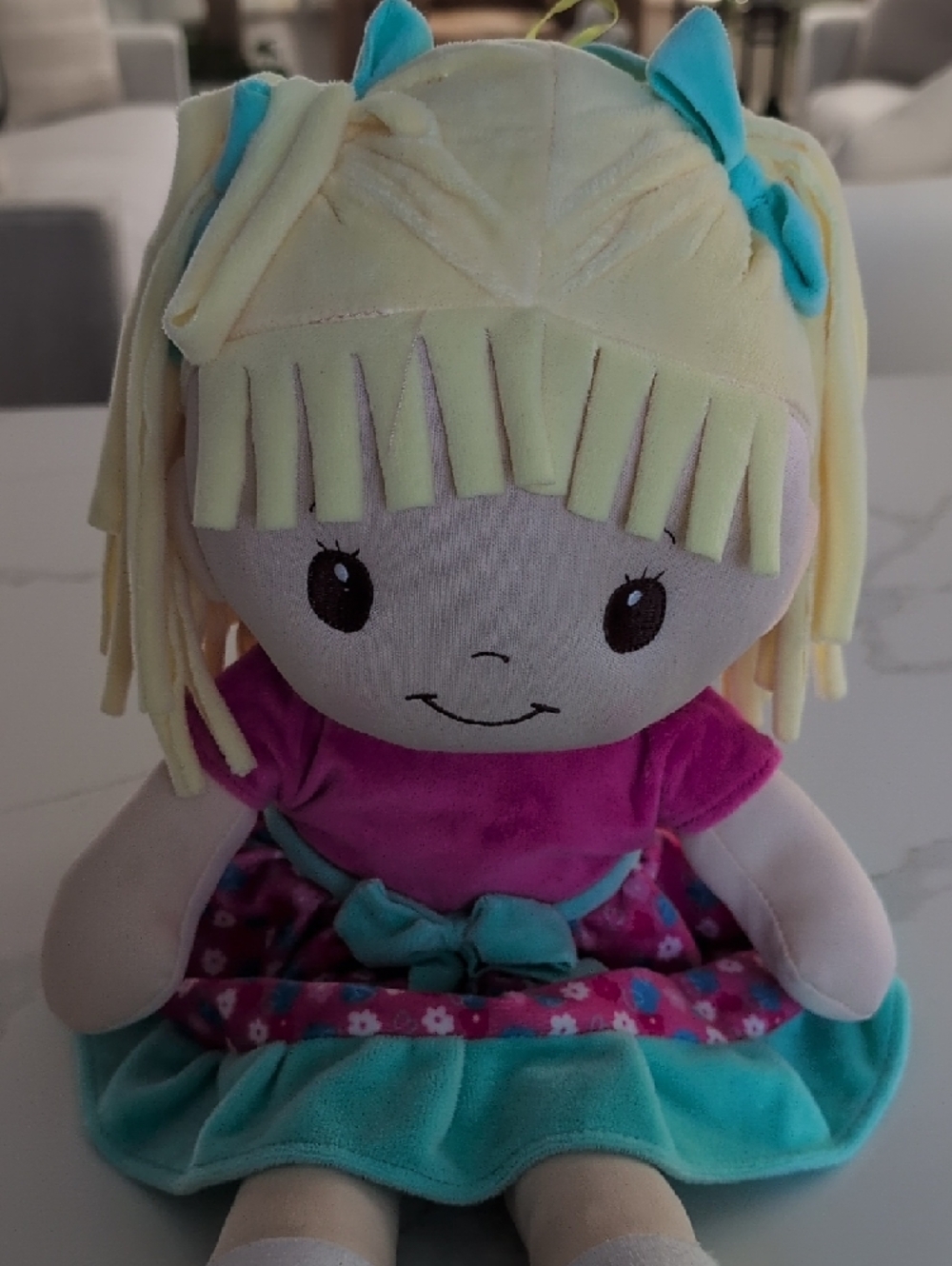 Plush Girl Doll in Turquoise & Pink Dress - Picture 3 of 7